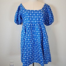 Rhode Embroidered Mini Dress Blue White Puff Sleeve Square Neck Medium