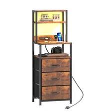 Night Stand, Tall Nightstand with 4-Tier Shelves and 3 Fabric Drawers, LED Be...