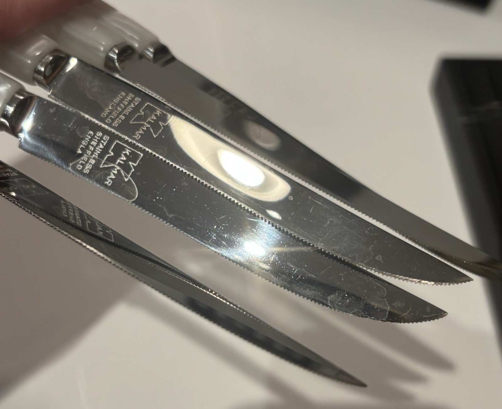 x 11 Vintage KalMar Knives Faux Mother of Pearl Opalescent Handles + Racks As Is