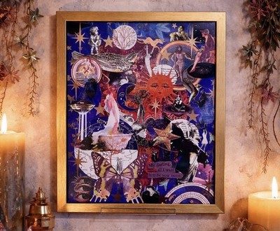 90s Celestial Sun Moon Whimsical Analog Collage 8x10 Gold Framed Art Print Decor