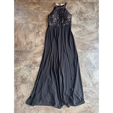 Morgan & Co Black Lace Halter Neck Maxi Dress Formal Evening Gown Size 7