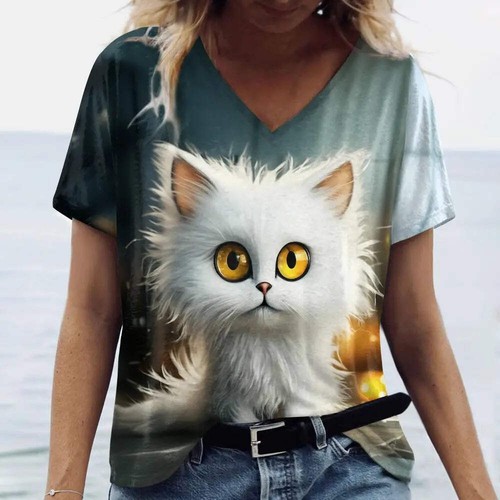 Women’s 3D Cat Print T-Shirt Casual Oversized Tee, Short Sleeve Crew Neck Street - Picture 124 of 124