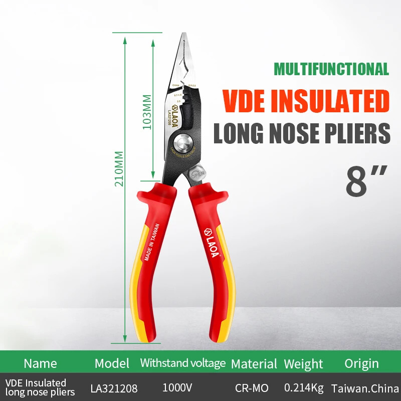 LAOA 8 Inch VDE Needle Nose Pliers Multifunction High Voltage Resistance 1000V I