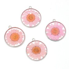 4PCS Silver Tone Real Dry Daisy Flower Resin Round 30mm Charm Pendant GBY1023