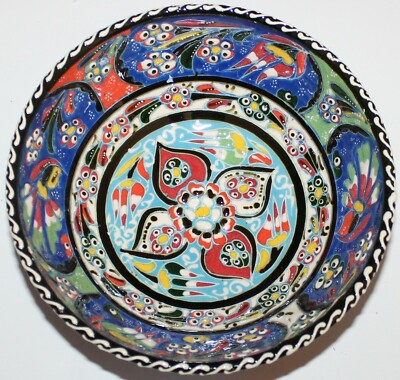 Turkish Blue 6''x2 1/8'' Handmade Iznik Floral Pattern Ceramic Bowl