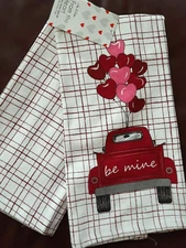 Set of 2 Kitchen Towels Be Mine Red Truck Balloons 100% Cotton Valentines Day