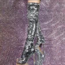 Women Over Knee High Boots Bling Sequined Thin High Heels Boots Glitter Handmade