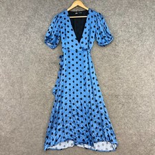 Zara Dress Womens XS Blue Polka Dot Midi Satin Wrap Short Sleeve V-Neck 35832