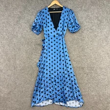 Zara Dress Womens XS Blue Polka Dot Midi Satin Wrap Short Sleeve V-Neck 35832