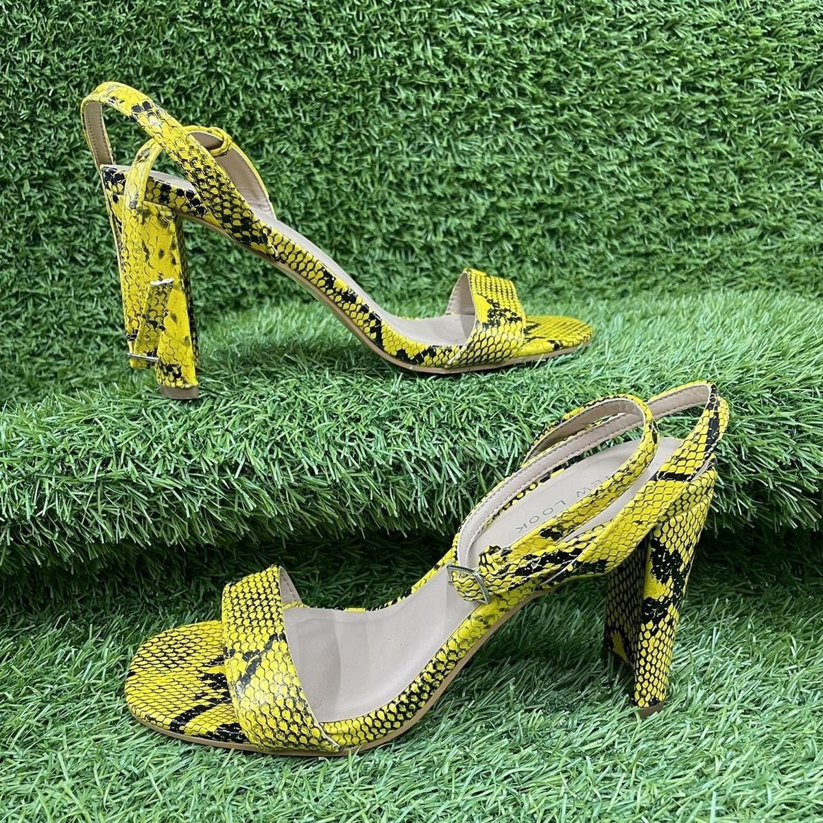 New Look Snake Print Yellow High Heels Strappy Peep Toe Court