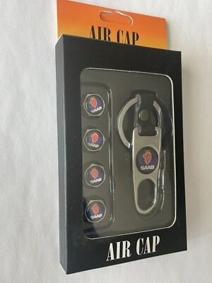 4 ~ SAAB Chrome Air Valve Caps with Key Ring & Wrench