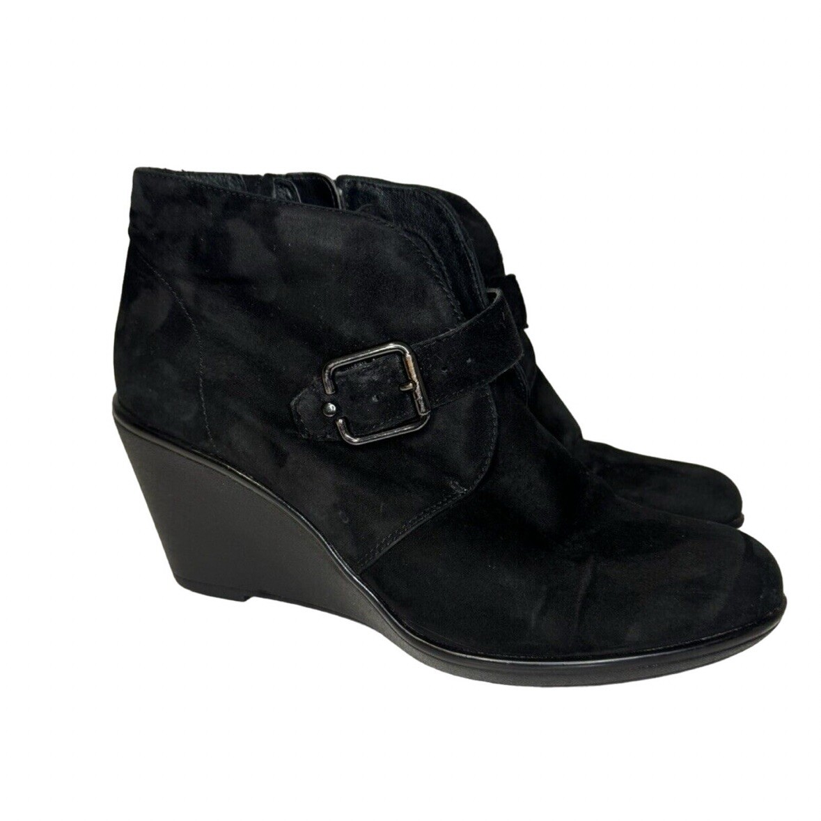 Clarks Artisan Black Suede Leather Wedge Buckle Ankle Boots Womens Size