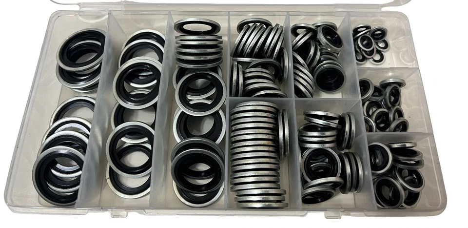 kit 165 RONDELLE GUARNIZIONI METALLO GOMMATO PER TAPPO OLIO MOTORE 10 MISURE - Immagine 2 di 4