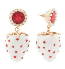 BETSEY JOHNSON GOLD TON,WHITE,RED CRYSTAL,LARGE PUFFED STRAWBERRY DROP EARRINGS