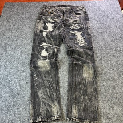Roca Wear Wash Black Y2K Embroidered Logo Straight Leg Distressed Jeans Sz 34