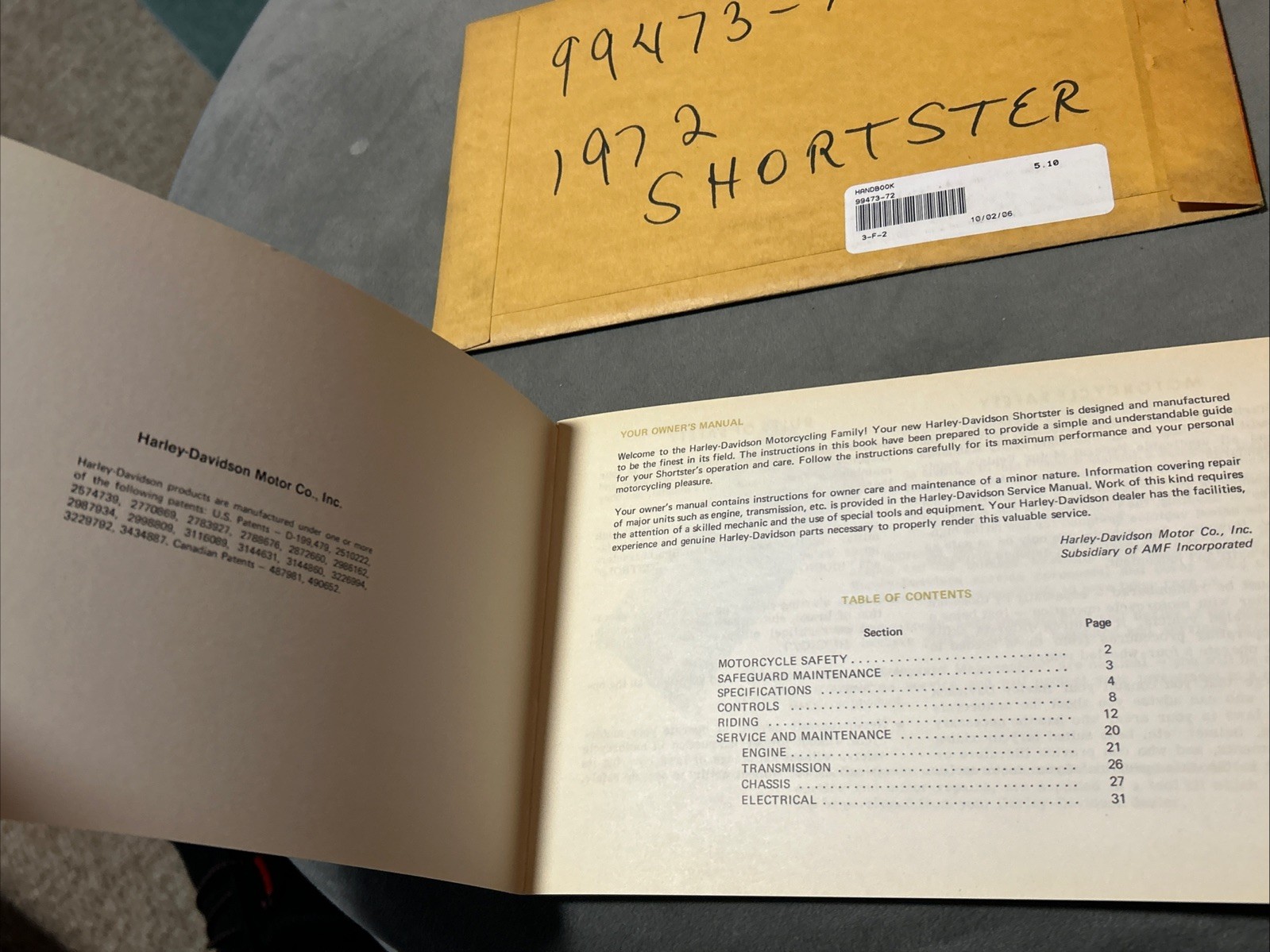 1972 AMF Harley-Davidson Owners Manual -Shortster NEW IN DEALER SLEEVE 99473-72