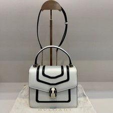Bvlgari Serpenti White Black Trim Leather Top Handle Flap Crossbody Bag AUTH EUC