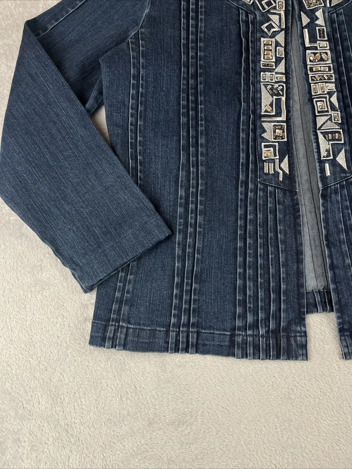 Choices Mujer Denim Frente Abierto Azul Estrás Bordado Chaqueta Talla Grande Foto 3 de 4