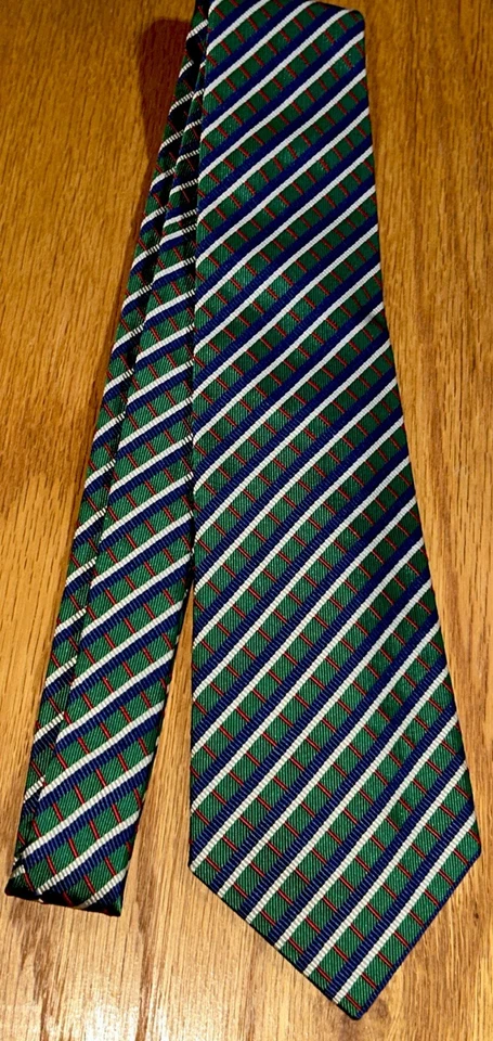Corbata vintage Turnbull & Asser London para hombre verde seda con rayas azules blancas y rojas Foto 4 de 4