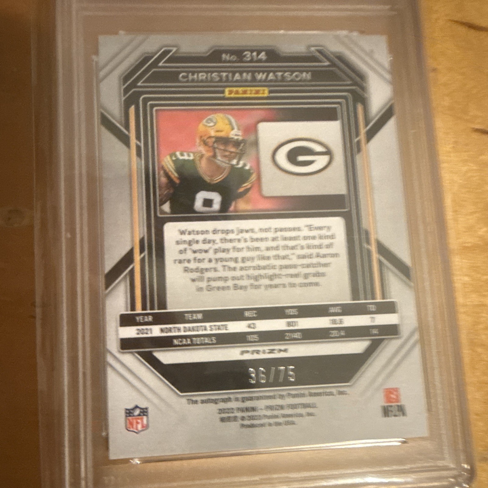 2022 Panini Prizm Christian Watson RC Auto Green Scope Prizm /75 #314 PSA 10 view 2