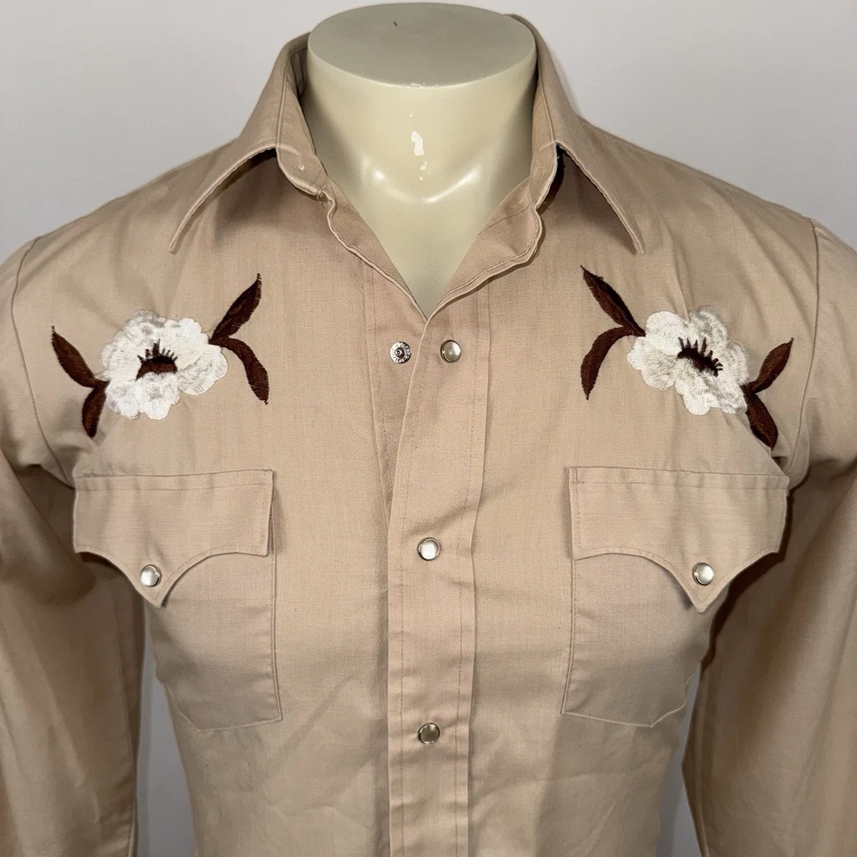 Camisa a Presión Vintage Años 70 Perla Chute #1 Rockabilly Cosida Bordado Yugo Hombres Mediana Foto 3 de 4