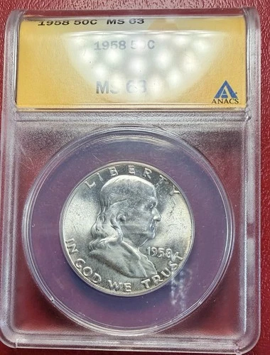 1958 Franklin Half Dollar. ANACS. MS-63. Free Shipping
