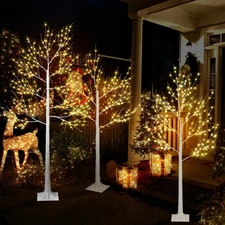 4ft 5ft and 6ft Birch Tree with Lights, Warm White, Pack of 3, Artificial Bir...