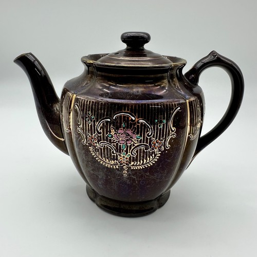 Vintage Iridescent Luster Glaze Floral Brown Ceramic Teapot with Gold Filigree