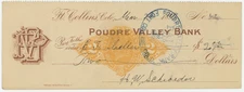 RN-X7 Poudre Valley Bank check, Ft. Collins, CO 1898