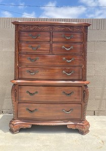 Brown Wood 8-Drawer Dresser w/ Carvings, Bail Pulls, 61"H x 45"L x 22"D
