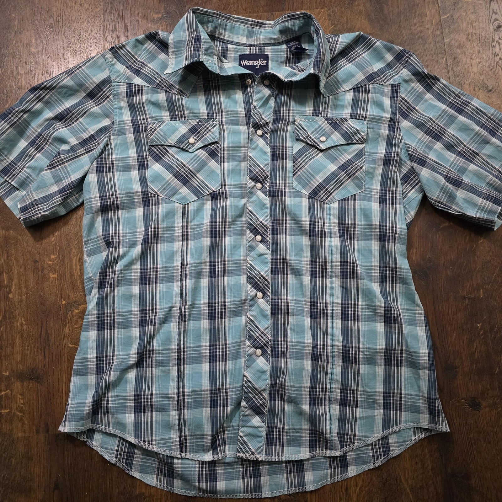 VTG Wrangler Shirt Mens Large Blue Plaid Pearl Snap Short Sleeve Western Rodeo