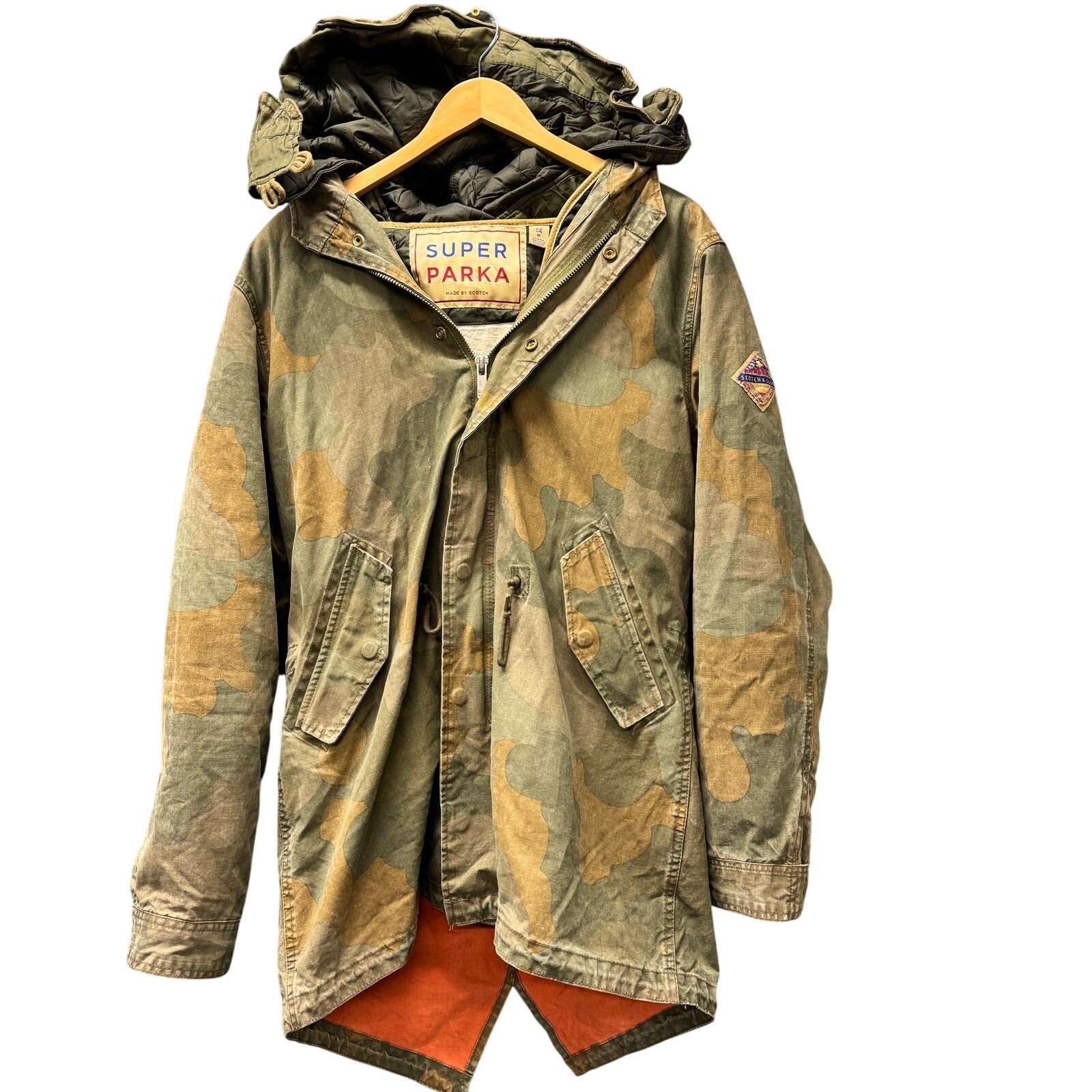 Scotch & Soda Super Parka Mens Medium Green Camo Removable Liner + Hood Waxed
