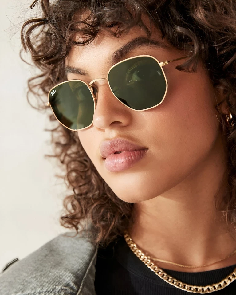 Occhiali da sole Ray-Ban RB3548N oro esagonali lenti verdi G-15 unisex - Immagine 4 di 4