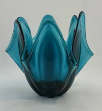 Viking? Peacock Blue Handkerchief 6 Petal Vase 5.5” Lovely!