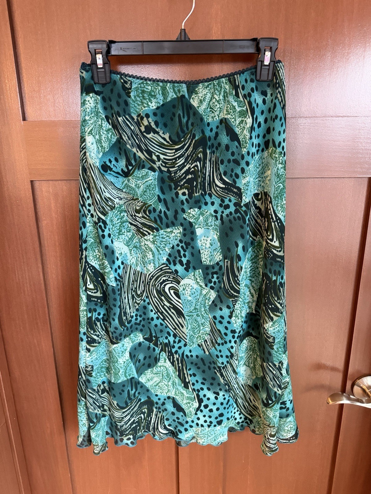 Y2K Midi Skirt b.i.g.a.y.c.d.a. Teal Abstract Print Mesh Skirt Fluted Hem Sz M-image