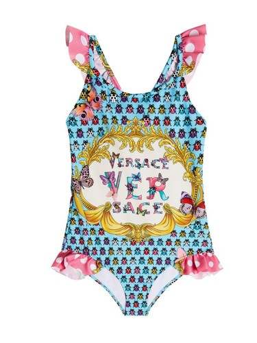 $355 Versace Kids Girls Pink Orchid & Logo Print One Piece Swimsuit Size 12