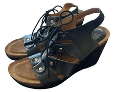 Sofft 1295101 Women's US 9M Black Leather Lace-Up Wedge Heel Slingback Sandal