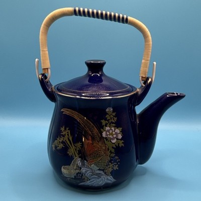 VTG Cobalt Blue Porcelain Teapot - Golden Pheasant & Peony Motif - Bamboo Handle