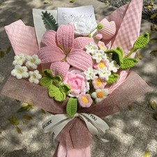 Crochet Flowers Bouquet, Pink Lily, Handmade Gift, Finished Product