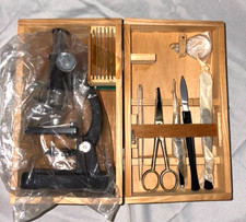 Microscopio in scatola di legno vintage anni 60-70 100X 200X 300X utensili e vetrini