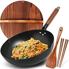 BrBrGo Carbon Steel Wok Pan 5 Piece Authentic Chinese Wok & Stir-Fry Pans Set...