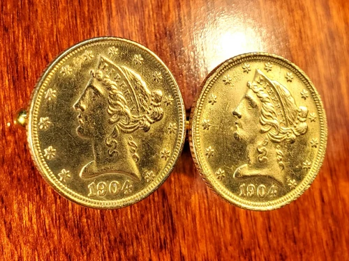 1904 U.S. Gold Liberty Head $5 Dollar Half Eagle Coin Cufflinks + Gift Box!