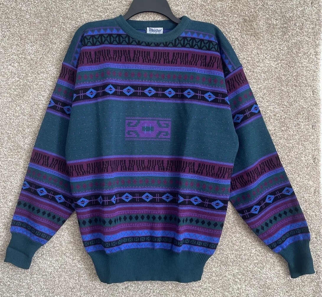 神シルエット◎ 90s~ Vintage Wool Blend Sweater Vintage 90s Meister Mens Wool Blend Knit Aztec Retro Pullover