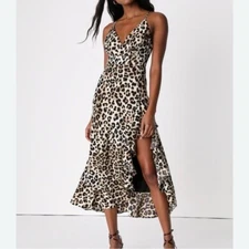 Lulu's NWT Getting Wild Leopard Print Ruffle Midi Dress Size S