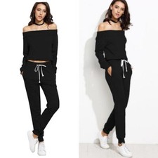 Two Piece Off Shoulder Crop Top and Sweat Pant Set Sport Tracksuit Black XL