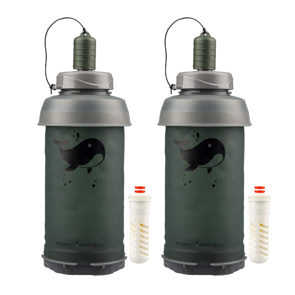 WAKIWAKI 2x26oz Filtered Water Bottle,Silicone Canteen Collapsible UF Purifier Filtration