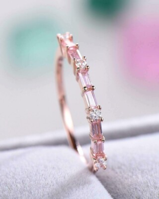 0.80Ct Baguette Cut Simulated Pink Sapphire Wedding Band In 14k Rose Gold Plated
