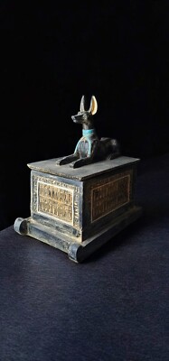 God Anubis Statue Protecting an Ushabti , Rare Antique Jackal God Statuette