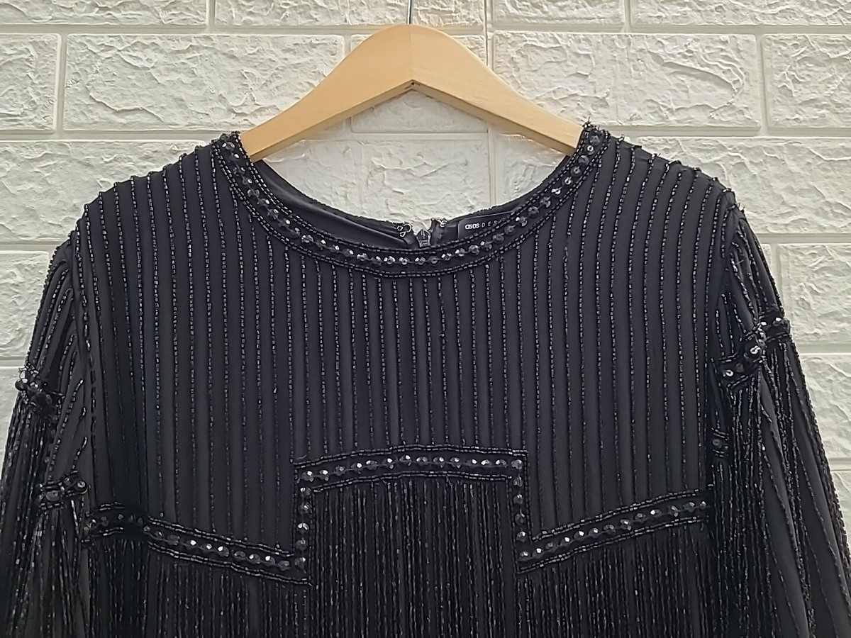 New ASOS Design Long Sleeve Bead Embellished Shift Midi Black Dress Size 14  | eBay