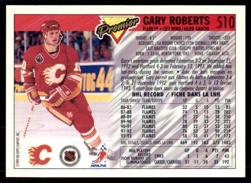 1993-94 Topps Premier Gold Gary Roberts Calgary Flames #510 - Image 2 of 2